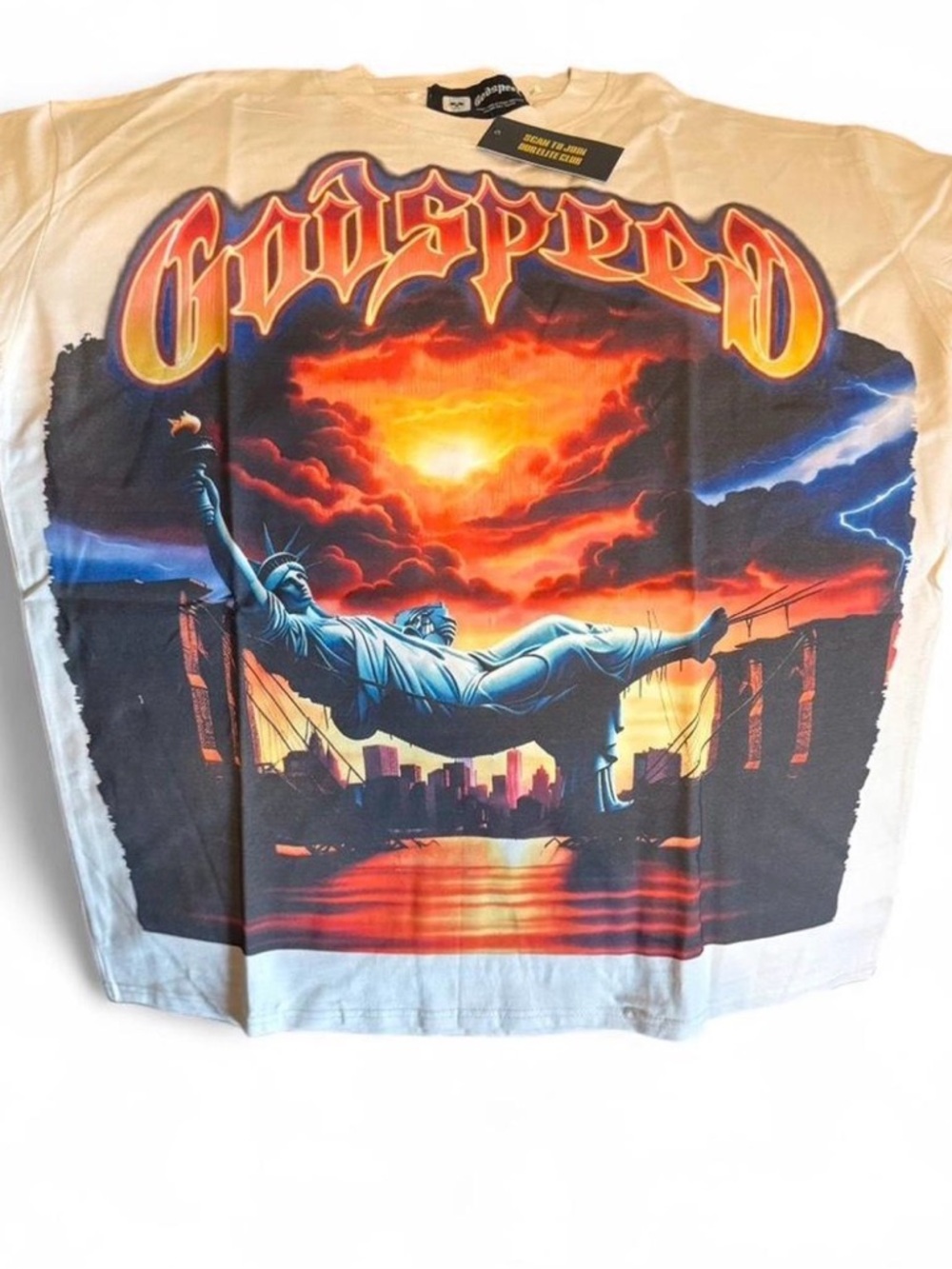 Godspeed Graphic Tee - White Sunset Cityscape Design